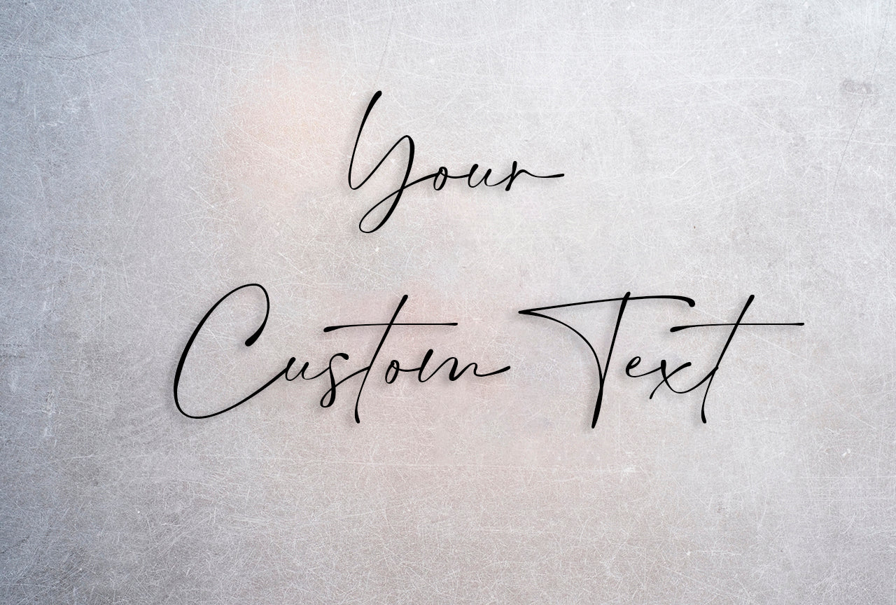 Custom metal sign displaying text in a sleek, modern font. Floating metal letters mounted on a light-colored textured background. Minimalist design suitable for home or business decor.